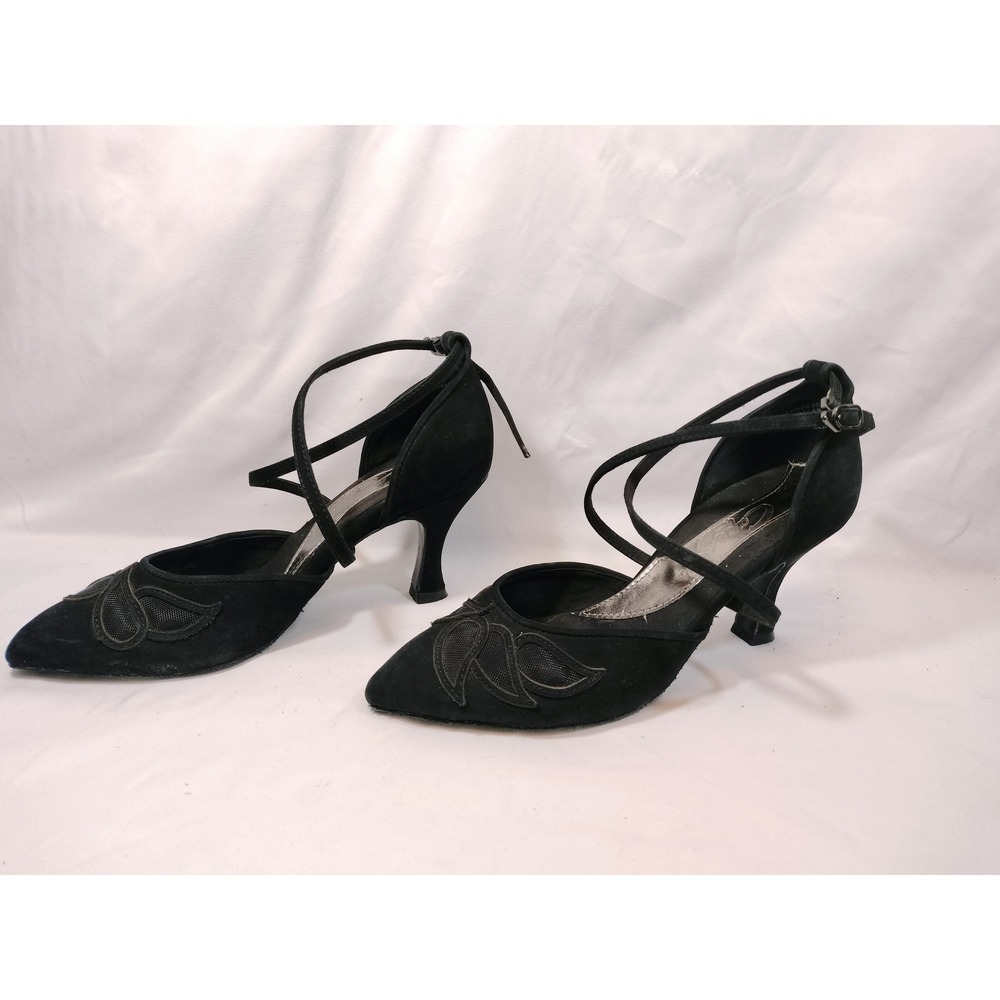 Capezio BR205 Black Leather Ballroom Dance Shoes Mesh Petal Pointed Toe Heel 7M